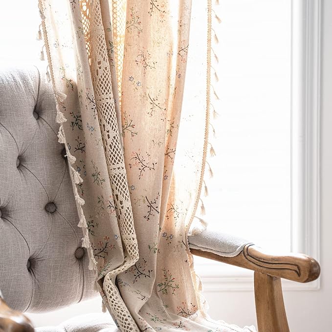 Sutuo Home Boho Curtain Semi-Blackout Crochet Hollow Lace Patchwork with Floral Print Cotton Linen Fabric, Handmade Tassels Rod Pocket Bohemian Window Drapes for Living Bedroom, 59"W x 84"L, 1 Panel