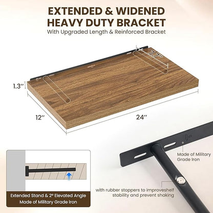 24" Floating Shelves for Wall, 12" Deep Slim Walnut Floating Shelves, Wall-Mounted Shelves for Bedroom, Living Room, Kitchen, Bathroom - Set of 2