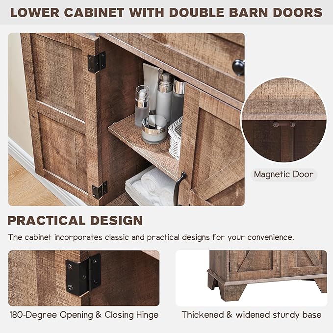 Farmhouse Bathroom Cabinet, 72" Tall Storage Cabinet with 2 Drawers, Adjustable Shelves & Barn Door, Cabinets for Bathroom, Living Room, Kitchen, Rustic Brown