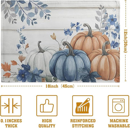 Autumn Placemats Blue Pumpkin Fall Place Mat Eucalyptus Leaves Floral Wood Grain Table Mats Thanksgiving Harvest Linen Placemat Party Kitchen Dining Decoration 12x18 Inch Set of 4