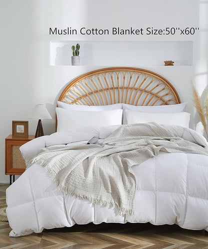 100% Cotton Muslin Throw Blanket for Bed, Couch, Small, Decorative, Soft, Pre-Washed, Breathable and Lightweight Gauze Blanket with Fringes, Suitable for All Seasons, Linen Grey, 50"x60"