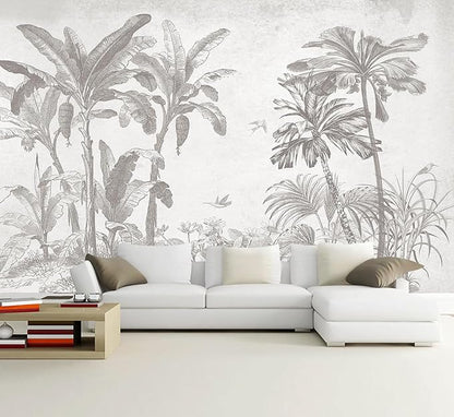 Gray Jungle Landscape Wallpaper Mural Tropical Banana Leaf Wall Mural (Not Peel and Stick)