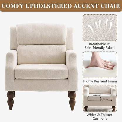 Kidol & Shellder White Oversized Accent Chair for Living Room Set of 2 Modern Reading Chair with Back Wide Upholstered Comfy Single Sofa Chair for Bedroom Lounge Side Corner Fabric Armchair
