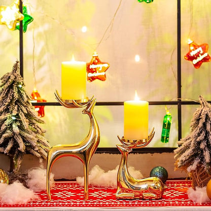 Sziqiqi Gold Reindeer Candle Holder for Pillar Candles Brass Reindeer Tealight Candle Holders Copper Deer Gift Christmas Decor for Table Centerpiece Living Room Mantle Decoration