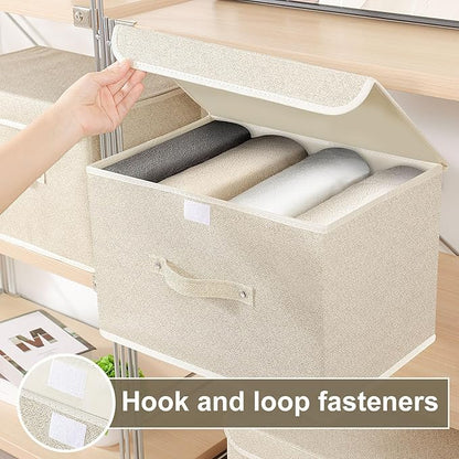 Storage Boxes, Collapsible Storage Bins with Lids, Cotton and linen cloth Storage Baskets with Handle, for Books, Closet, Bedroom, Home, 15x9.8x9.8 in, Grey and Beige