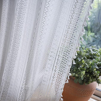 Sutuo Home Cream White Crochet Boho Curtain 84 Inches Length, Sheer Lace Handmade Tassels Knitted Window Treatment Vintage Rustic Bohemian Farmhouse Drape for Bedroom Rod Pocket 1 Panel 59" W x 84" L
