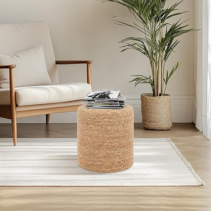 16'' Round Ottoman Natural Seagrass Braided Poof Hand Weaving Round Ottomans Boho Footrest Stool for Home Living Room Bedroom Patio(Natural)
