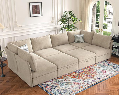 135.5" Oversized Modular Sectional Sofa, L Shaped Convertible Couch with Movable Ottoman, 5 Seat Corner Couches for Living Room Deep Seat Beige Chenille
