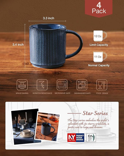famiware Coffee Mug Set for 4, Star 12 oz Catering Mugs Cup Set with Handle for Coffee, Tea, Cocoa, Milk - Ceramic Stoneware Drinkware Set, Nebulas Blue