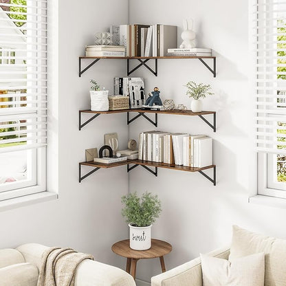 Heimlove 24" W x 12" D Wall Shelves for Books, 12 Inch Deep Floating Shelves Set of 3, Wide Floating Bookshelf with Metal Bracket for Living Room, Kitchen, Office, Bedroom and Decor - Rustic Brown