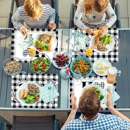 Love Family Placemats Set of 6 Buffalo Plaid Plastic Table Mats Black and White Plaid Place Mats Washable Vinyl Love Home Checkered Table Decoration for Indoor Outdoor Party Kitchen Dining