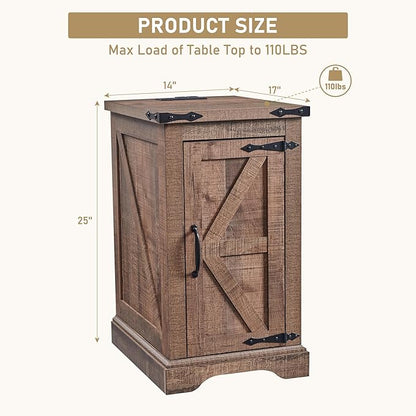 JXQTLINGMU Nightstand with Charging Station, Rectangular Farmhouse End Table with Barn Door and Adjustable Storage Shelf, 17" Deep Wood Rustic Sofa Side Table for Living Room, Bedroom, Light Brown