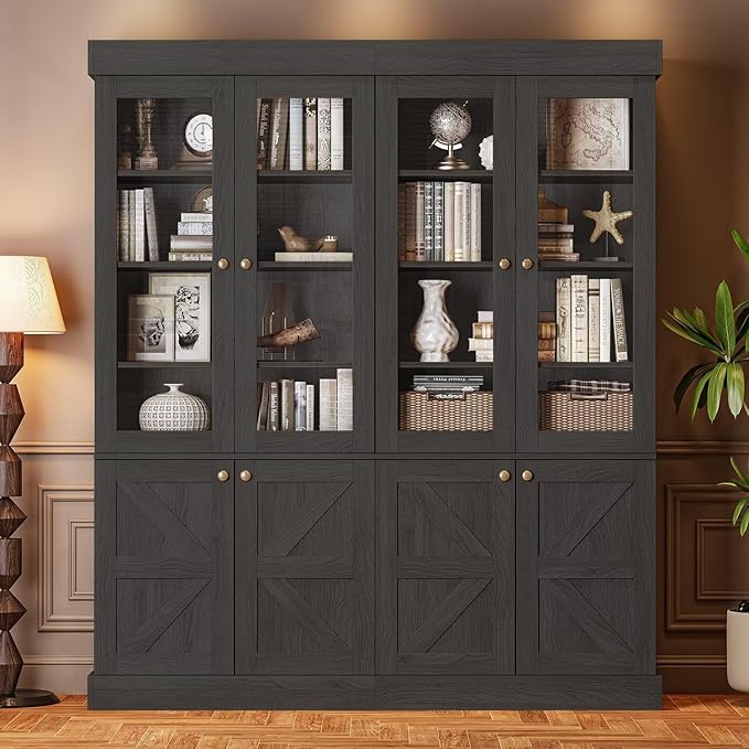 Vyre 71" Tall Farmhouse Bookshelves with Glass Doors, Large Modular Bookcase with Adjustable Shelves, Storage Cabinet for Living Room, Kitchen, Home Office, Black