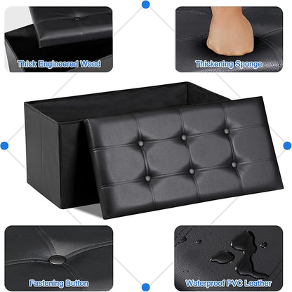 SUPER DEAL 30 inches Folding Ottoman with Storage, Bedroom Footrest Bench, Rectangle Sotrage Chest for Living Room Entryway, 30"x15"x15", 85L, Faux Leather, Black