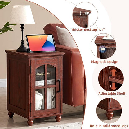 Narrow Side Table,Farmhouse Nightstand with Charging Station,Wood End Table with Glass Barn Door Storage, Cabinet Organizer with Adjustable Shelf, Night Stand for Small Spaces for Living Room Bedroom