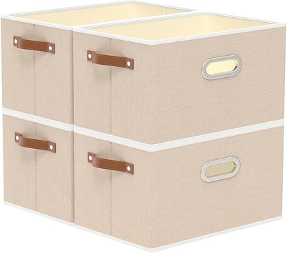 Yawinhe Fabric Storage Bins with Handles, Foldable Baskets for Shelves, Cubes with 3 Handles, Large Boxes for Clothes, Beige, 16.9''Lx11.8''Wx10.2''H, 4-Pack