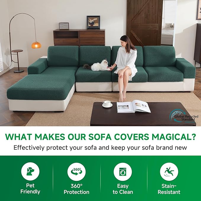 Couch Cushion Covers for Sectional Sofa, Stretch Soft Sofa Slipcovers Washable Wear-Resistant Universal Furniture Protector for Living Room(1 Piece Large Cover, Green)