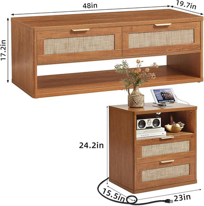 LEYAOYAO Boho Rattan Coffee Table and End Table Sets, 48" Wide Center Tables & 23" Night Stand with Charging Station Chest of Drawers, Brown Wood Coffee Table for Living Room 2 Piece Set