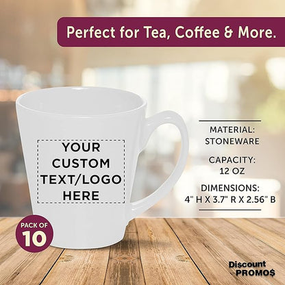 DISCOUNT PROMOS Custom Glossy Ceramic Latte Coffee Mug 12 oz. Set of 10, Personalized Bulk Pack - Perfect for Tea, Espresso, Cappuccino, Hot Cocoa - White