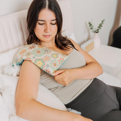Large Microwave Heating Pad with Flax Seed, Scented or Unscented, Good For Back Pain or Cramps, Moist Heat Therapy or Ice Pack, Microwavable Bean Bag, 6" x 12" (Patchwork, Chamomile)