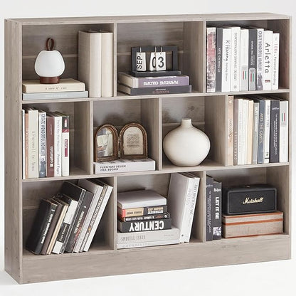 LEYAOYAO 10 Cube Bookshelf with Base,3 Tier Mid-Century Modern Grey Bookcase,Standing Wide Bookshelves Storage Organizer Shelf,Rustic Wood Display Cabinet Book Shelves for Bedroom,Living Room,Office