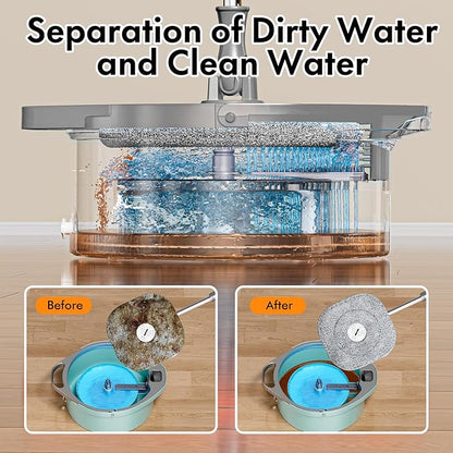 Spin Mop and Bucket with Separate Dirty and Clean Water,360° Spin Mop and Bucket System with Widening Foldable Handle,2 Replaceable Mop Pads,Square Mop for Floor Hardwood Tile Marble Wall Cleaning