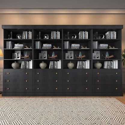 Vyre 71" Tall Farmhouse Bookshelves with Drawers, Set of 4 – Large Modular Bookcase with Adjustable Shelves, Storage Cabinet for Living Room, Kitchen, Home Office, Black
