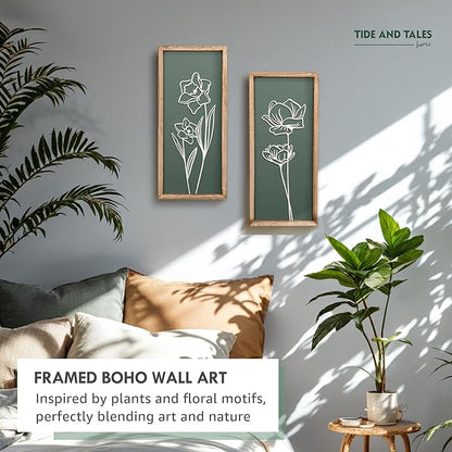 3D Floral Green Wall Art (Set of 2) Lightweight, Wooden Ready-to-Hang Boho Framed Wall Art for Bathroom, Bedroom, Living Room or Office – Premium Sage Green Farmhouse Decor – Gift-Boxed