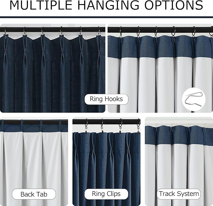 Vision Home Navy Blue Pinch Pleated Full Blackout Curtains Linen Blended Room Darkening Curtain Panels 112 inch for Living Room Bedroom Thermal Insulated Pinch Pleat Drapes with Hooks 40" Wx112 Lx2