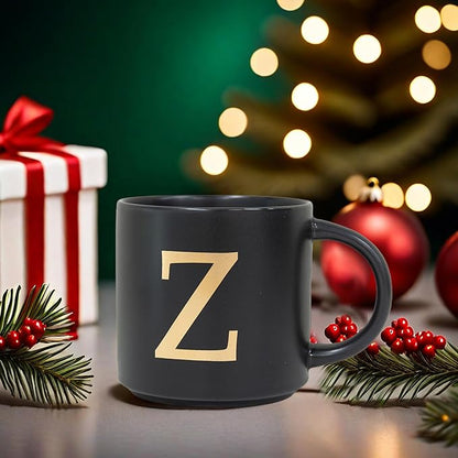 COLLECTIVE HOME - Monogram Ceramic Mugs, 15 oz Golden Initial Black Coffee Cups, Elegant Alphabet Tea Mugs, Elegant Personalized Mug with Gift Box, Unique Mug with Double Side Capital Lette (Z)