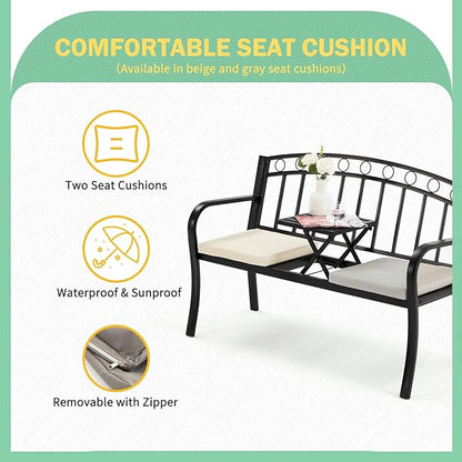 AVAWING Outdoor Metal Garden Bench, 2-Seat Patio Porch Bench with Steel Frame, Park Bench w/Pullout Middle Table＆ Cushion for Backyard Lawn Deck Entryway, Black