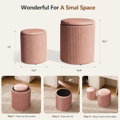 Ottoman with Storage Set of 2, Velvet Storage Ottoman, Upholstered Sponge Vanity Stool Support 300lbs, Multifunctional Coffee Table Foot Rest Ottomans for Living Room Bedroom, Pink