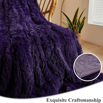 XeGe Plush Faux Fur Throw, Dark Purple Luxurious 50x60 Shaggy Furry Blanket, Thick Fluffy Microfiber Velvet Couch Blanket, Ultra Soft Fuzzy Office Lap Throw for Sofa Bed Car Purple