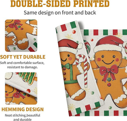 Gingerbread Man Christmas Placemats Set of 4 Candy Cane Xmas Seasonal Holiday Linen Table Mats Red Green Orange Winter Washable Place Mats for Party Kitchen Dining Outdoor Indoor Decor