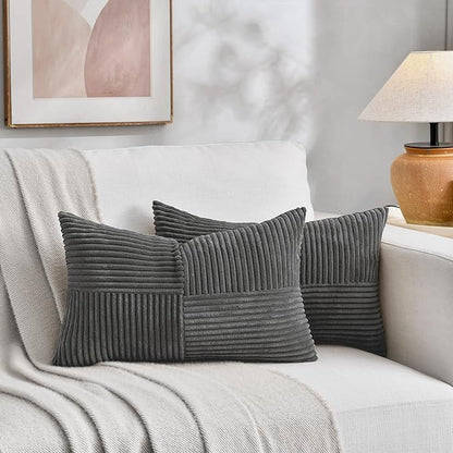 Fancy Homi 2 Packs Dark Gray Lumbar Decorative Throw Pillow Covers 16x32 Inch for Living Room Couch Bed Sofa, Farmhouse Home Decor, Soft Striped Corduroy Rectangle Accent Cushion Case 40x80 cm
