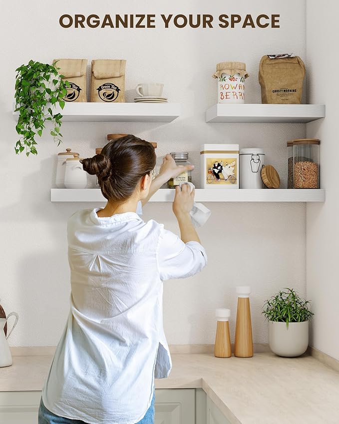 Marsmiles 39" Floating Shelves for Wall, Wooden Shelves with Invisible Brackets Set of 2, Rustic Farmhouse Wall Mounted Shelf for Kitchen Bathroom Living Room Study, White