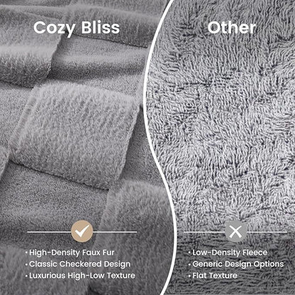 Cozy Bliss Checkered Large Faux Rabbit Fur Grey Twin Bed Blanket, Soft Fuzzy Fluffy Minky Furry Blankets for Couch, Bed, Adults (60 * 80 Inches Light Grey)