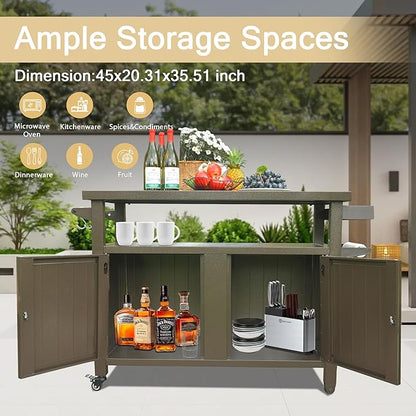 Domi Grill Carts Outdoor Storage Cabinet with Wheels, Metal Outdoor Grill Kitchen Table Dining Cooking Prep BBQ Table for Patio, Kitchen Island, Home Party, Bar (Brown)