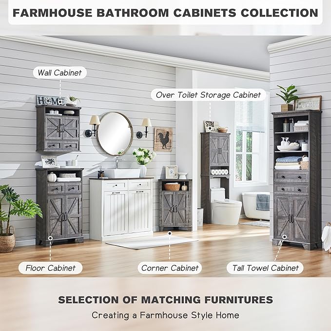 Bathroom Storage Cabinet, 72" Tall Farmhouse Storage Cabinet with 2 Drawers, Adjustable Shelves & Barn Door, Cabinet for Bathroom, Living Room, Kitchen, Grey Wash