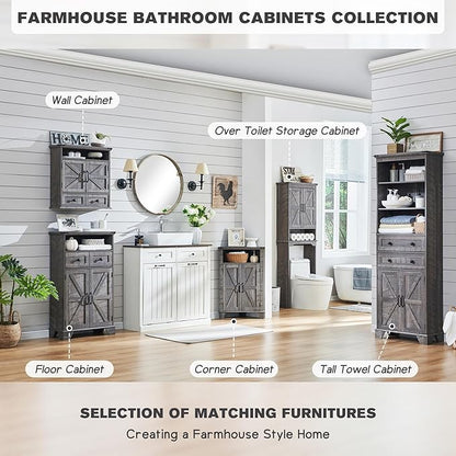 Bathroom Floor Cabinet, Farmhouse 24" Wide Cabinet with Drawer, Adjustable Shelf, Barn Doors, Cabinets for Bathroom, Kitchen, Living Room, Grey Wash