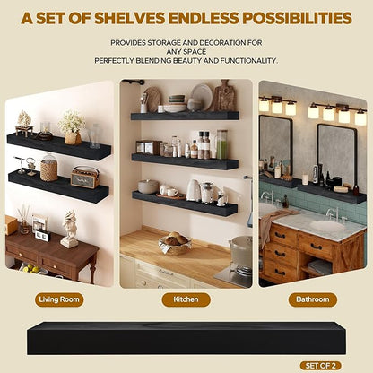 Floating Shelves 3 inch Thick for Wall Set of 2,Solid Pine Wood Wall Mount Shelf for Kitchen Living Room Bedroom Bathroom,8" D x 60" L x 3" H-Black