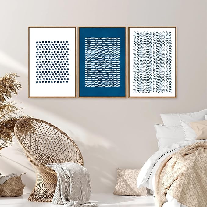 Tinonedraw Navy Blue White Framed Canvas Wall Art Set, Modern Geometric Dots Line Wall Decor, Neutral Abstract Shape Artwork, Cozy Contemporary Art Prints for Bedroom Living Room Office 16"x24"x3