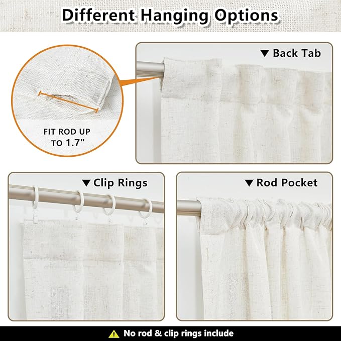 MYSKY HOME Country Curtains for Sliding Glass Door, Back Tab Semi Sheer Curtain Panels Extra Long Floor Length Drapes Linen Texture Soft Touch, 50x108 Inch, Linen, Set of 2