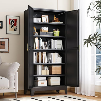 Kitchen Pantry Storage Cabinet with Doors and Adjustable Shelves, Metal ClosetMaid Food Pantry Cabinets, 75" Tall Freestanding Cupboard for Kitchen, Laundry or Utility Room, Black