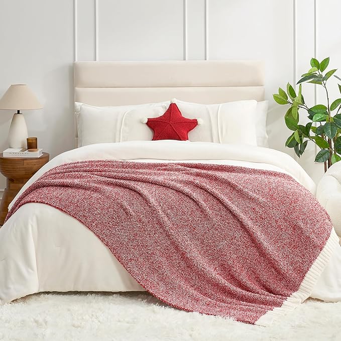 Snuggle Sac Red Throw Blanket for Couch, Super Soft Warm Christmas Red Blankets Cozy Knit Fuzzy Plush Lightweight Throws for Sofa, Bed, Camping, Heather Red, 50x60 inches