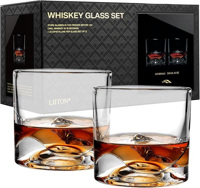 Denali Mountain Heavy Crystal Whiskey Glasses Gift Set of 2, Thick Freezable Bourbon Glass 1lb Each, Premium Whiskey Gifts for Men, Frozen Crystal Chills Cocktails, 10 oz