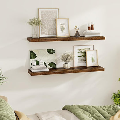 Floating Shelves Wall Shelf 48 Inch, 9.3 Inch Deep Floating Shelf, Farmhouse Black Wood Shelves Invisible Bracket for Living Room, Bedroom, Kitchen, 48 x 9.3 x 1.4 Inch, Set of 2, Rustic Brown