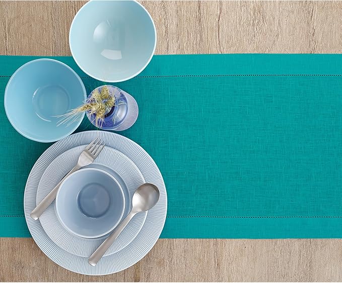 Solino Home Linen Teal Table Runner 156 Inches Long - 100% Pure Linen Extra Long Table Runner 14 x 156 Inch for Fall, Autumn - Classic Hemstitch