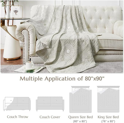 JINCHAN Boho 100% Cotton Muslin Blanket 3-Layer Queen Size 80x90 Inches Geometric Light Grey Lightweight Reversible Soft Comfy Throw for Couch Sofa Bed Coverlet Quilt Large Blanket Bedroom All Seasons