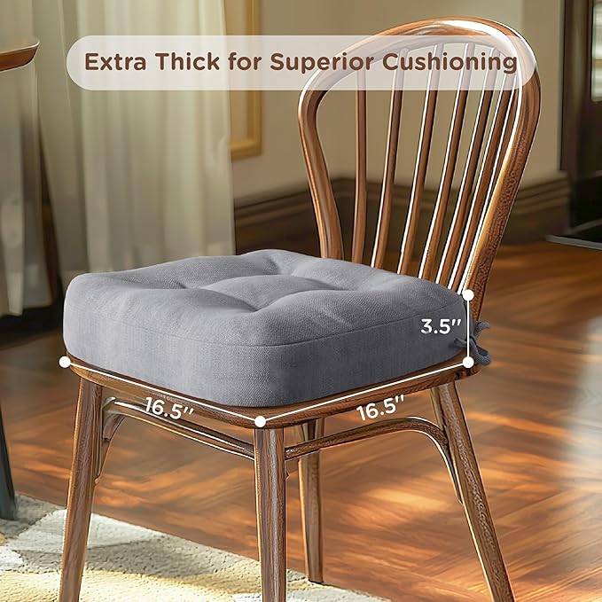 Codi 6 Pack Dining Chair Cushions, Thick Chairs Pads for Indoor Kitchen Room - Washable, Non-Slip Seat Cushion with Ties, 16.5"x16.5"x 3.5", Set of 6, Grey